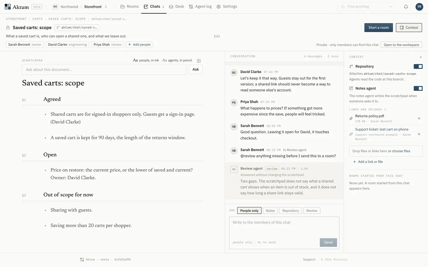 A chat about saved carts: the notes agent's scratchpad, the conversation ending with the review agent naming two gaps, and the files and links the agents may read.