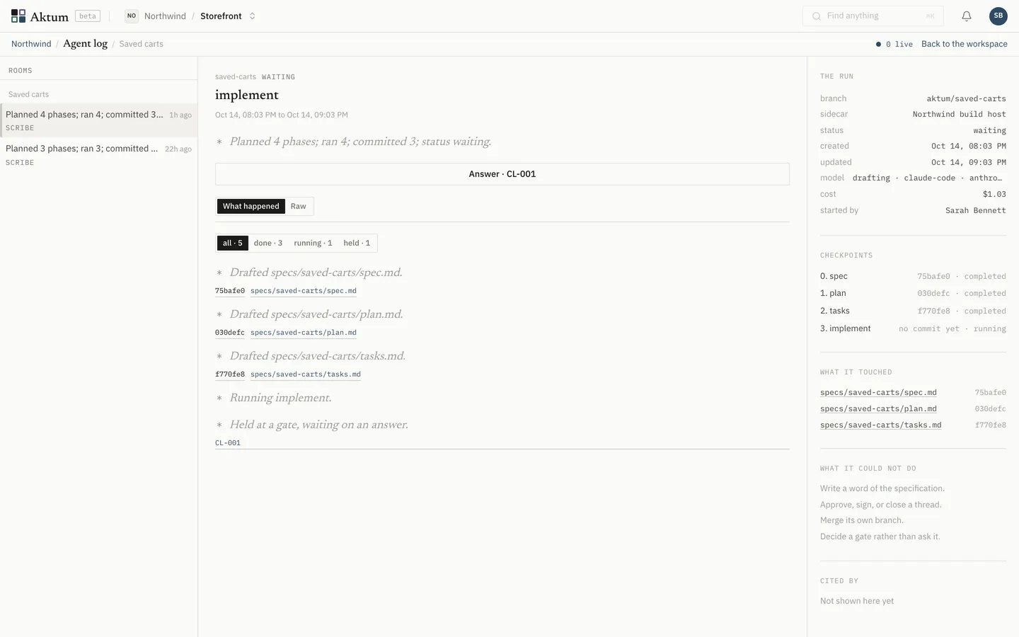 The agent log: a run that planned four phases, committed three, and is held at a gate waiting on CL-001, with what it touched and what it could not do.