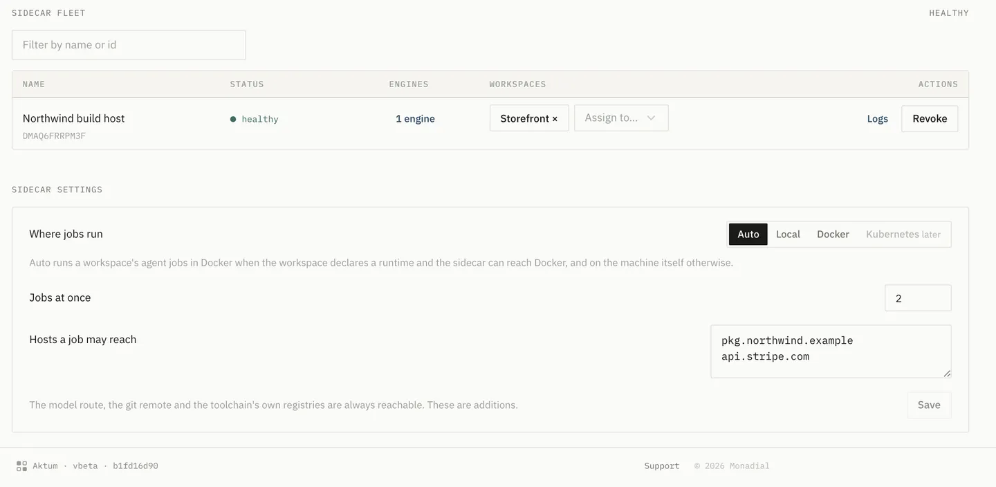Sidecar settings: one healthy build host with Claude Code, jobs run Auto, Local or Docker, two at once, and two extra hosts a job may reach.