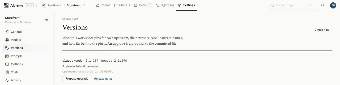 Workspace versions: Claude Code 2.1.287, newest 2.1.290, three releases behind, with a Propose upgrade button.